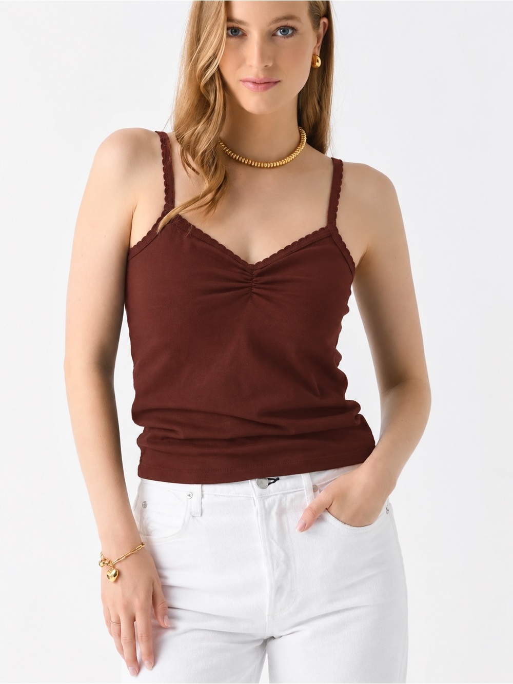 NEW AMO Scallop Knit Cami Brown Ruched Camisole Spaghetti Strap Tank Top XS